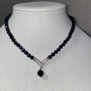 Black Beaded Necklace, With V Rhinestone Accented Center Piece roughly 16” Long